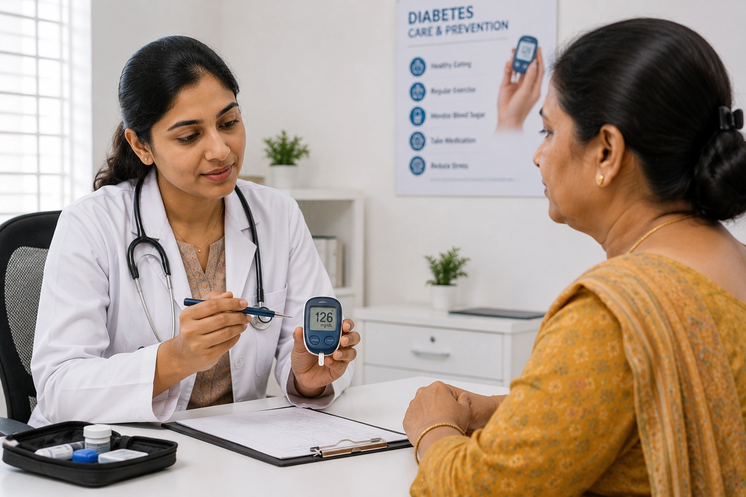Blood glucose reading being checked on a glucometer during a diabetes consultation